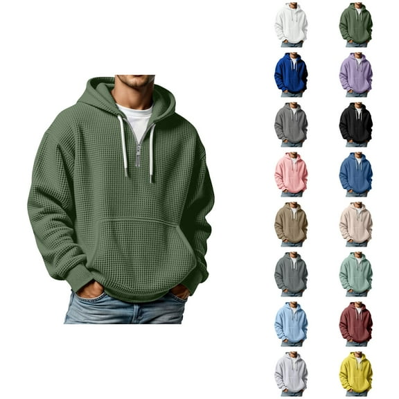 Waffle Hoodie for Men 2025 Fall Winter Long Sleeve Quarter Zip Plain Hooded Sweatshirt with Pockets Pullover Tops
