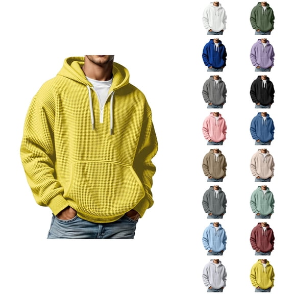 Waffle Hoodie for Men 2025 Fall Winter Long Sleeve Quarter Zip Plain Hooded Sweatshirt with Pockets Pullover Tops