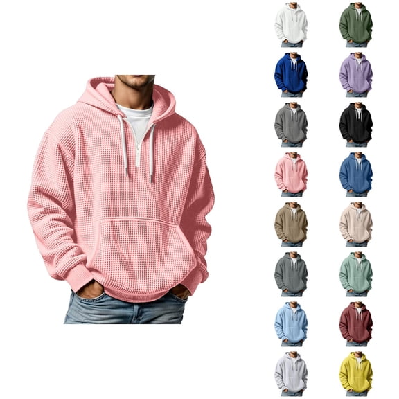 Waffle Hoodie for Men 2025 Fall Winter Long Sleeve Quarter Zip Plain Hooded Sweatshirt with Pockets Pullover Tops