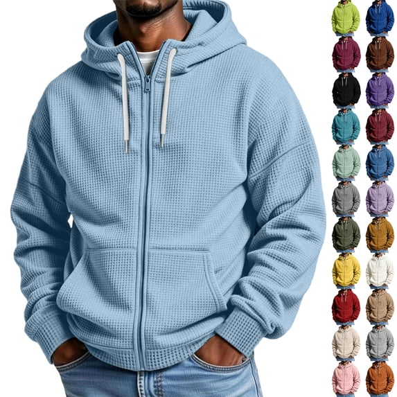 Waffle Hoodies for Men Full Zip Sweatshirt Long Sleeve Hooded Cardigan with Pocket Loose Fit Drawstring Athletic Jackets for Men
