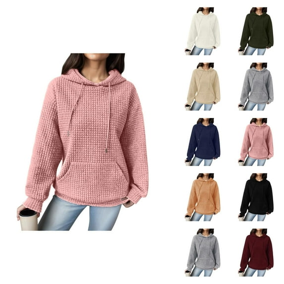 Waffle Hoodies for Women 2025 Long Sleeve Loose Fit Plain Hoodie with Pockets Hooded Sweatshirt Women Pullover