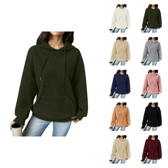 Waffle Hoodies for Women 2025 Long Sleeve Loose Fit Plain Hoodie with Pockets Hooded Sweatshirt Women Pullover