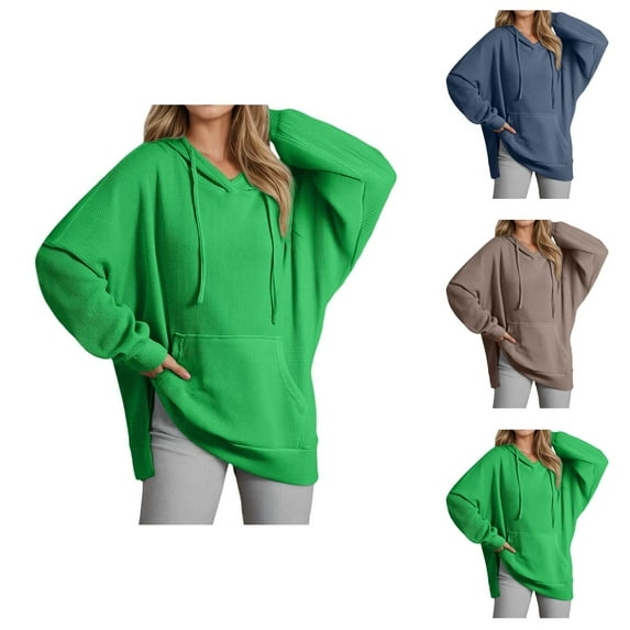 Waffle Hoodies for Women 2025 Long Sleeve Side Slit Plain Basic Hoodie with Pockets Hooded Sweatshirt Pullover Tops
