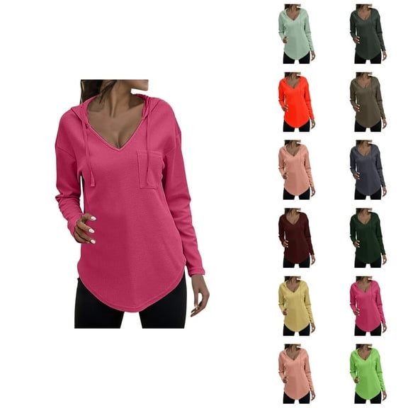 Waffle Hoodies for Women 2025 Long Sleeve V-Neck Waffle Knit Plain Hoodie Hooded Sweatshirt Women Pullover