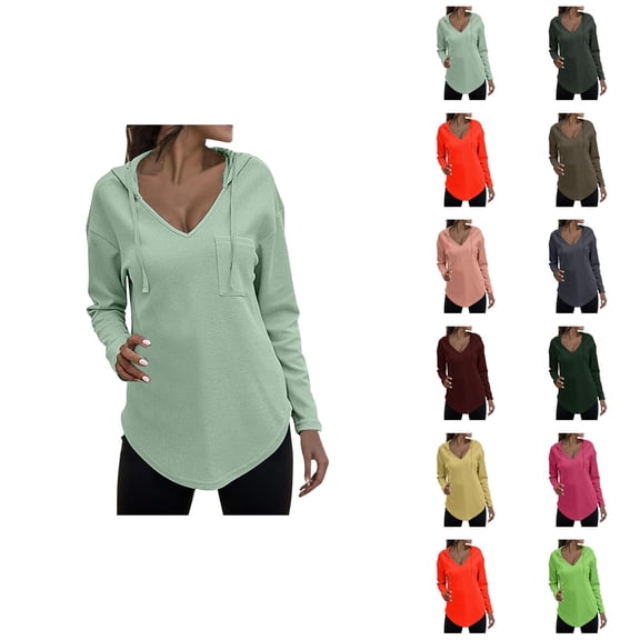 Waffle Hoodies for Women 2025 Long Sleeve V-Neck Waffle Knit Plain Hoodie Hooded Sweatshirt Women Pullover