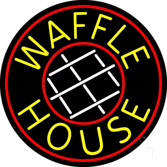 Waffle House Circle LED Neon Sign 26 x 26 - inches, Black Square Cut Acrylic Backing, with Dimmer - Bright and Premium built indoor LED Neon Sign for restaurant window and interior decor.