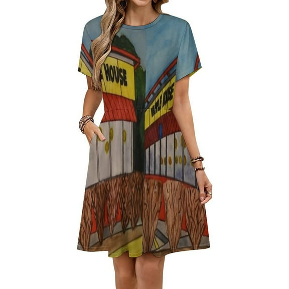 Waffle House Dress Fashion Beach Short Sleeve Dresses Female Party Printed Sundress