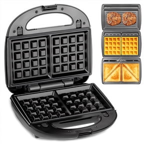 Behome 3 in 1 Waffle Maker with Nonstick Plates, Electric Sandwich Maker with Indicator Light, Sandwich Press Grill for Breakfast, Ham, Steaks, Black