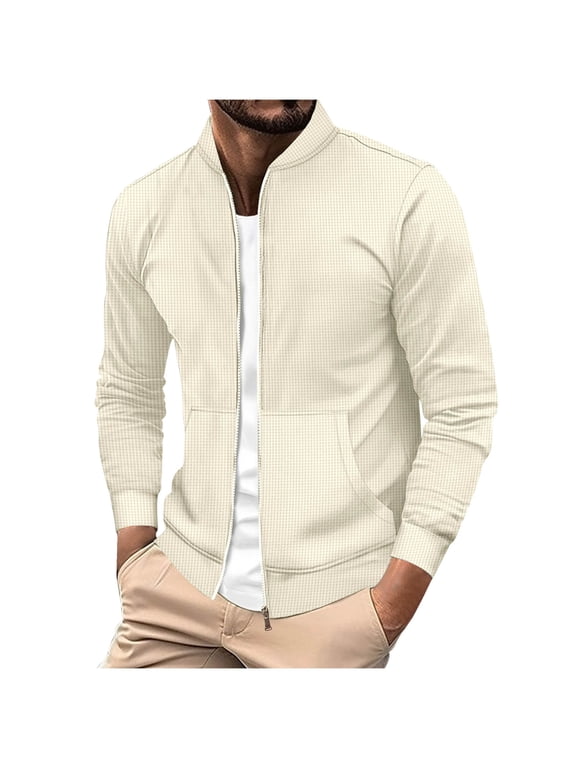 Waffle Jackets for Mens Solid Dressy Blazer Athletic Stretch Sweatshirt Zipper Up Long Sleeve Cardigan Jacket Comfort Casual Blouses Bussiness Office Work Clothes with Pockets
