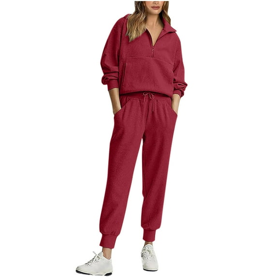 Waffle Knit 2 Piece Outfits for Women Half Zip Pullover Sweatshirt and Sweat Pant Sets Pockets Fall Loungewear (L, Wine)