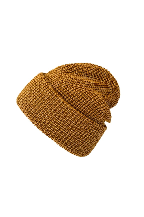 Waffle Knit Beanie - Unisex Cuffed Winter Hat with Textured Weave, Cozy Warm Slouchy Cap for Men and Women-Yellow
