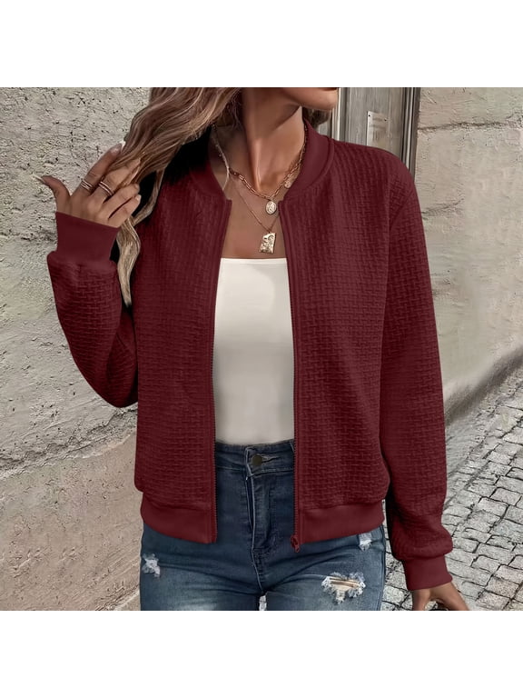 Waffle Knit Bomber Jacket Women Full Zip Up Lightweight Ribbed Collar Fashion Fall Casual Outerwear