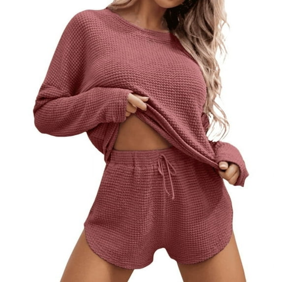 Waffle Knit Breathable Women's Pajama Sets, Lounge Sets for Women, Purplish Red