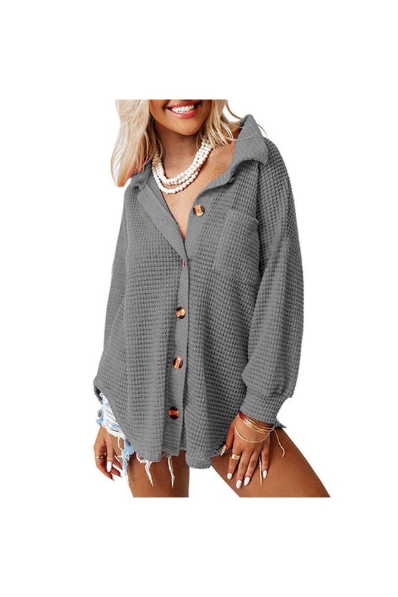 Waffle Knit Button Down Shirt Long Sleeve Pocket Design Arc Irregular Hem Loose Oversized Shacket Top for Spring Autumn Gray L