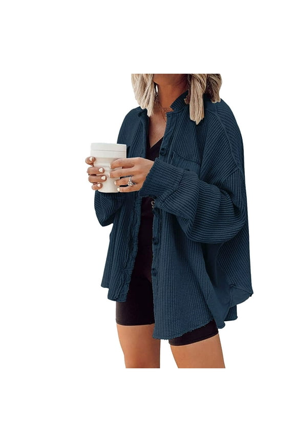 Waffle Knit Button Down Shirt Oversized Boyfriend Shirt Jacket Loose Casual Women Waffle Knit Shacket for Fall Winter Peacock Blue XL