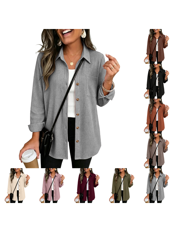 Waffle Knit Button up Shirt Women Button Down Shacket Long Sleeve Tops with Pocket Gray S