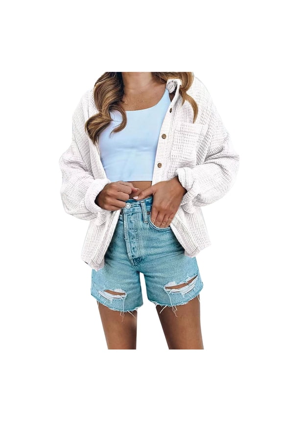 Waffle Knit Cardigan Sweaters Long Sleeve Button Up Collared Neck Shirt Jacket Womens Fall Spring Casual Coat (XL, White)