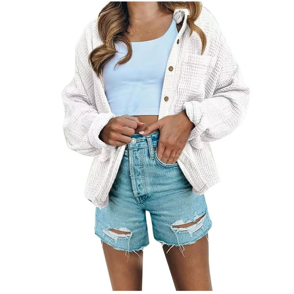 Waffle Knit Cardigan Sweaters Long Sleeve Button Up Collared Neck Shirt Jacket Womens Fall Spring Casual Coat (XL, White)