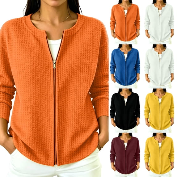 Waffle Knit Full Zip Jacket for Women Long Sleeve Loose Fit Front Pockets Knit Outerwear Casual Lightweight Jacket Spring Fall
