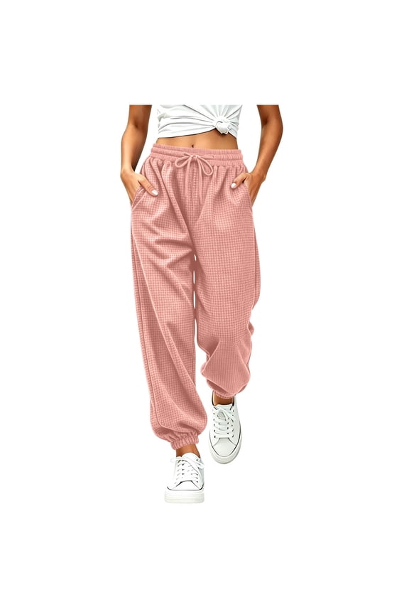 Waffle Knit Girls Pink Jogger Pants with Side Pockets & Drawstring Waist, for School, Play & Loungewear,Size 5-6T