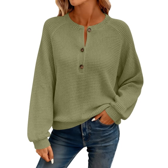Waffle Knit Henley Shirts for Women Casual Long Sleeve Blouse Button Up Fall Fashion Soft Pullover Sweatshirts