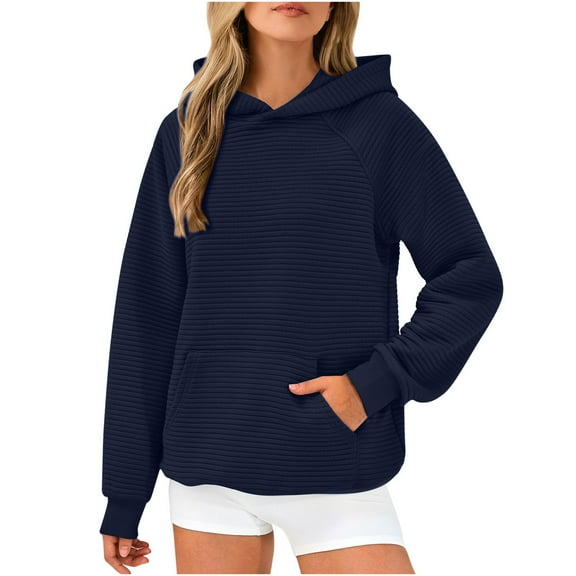 Waffle Knit Hoodie Loose Casual Sweatshirts for Women Plain Pullover Long Sleeve Fall Winter Tops with Front Pocket (L, Navy)