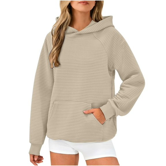 Waffle Knit Hoodie Loose Casual Sweatshirts for Women Plain Pullover Long Sleeve Fall Winter Tops with Front Pocket (M, Khaki)