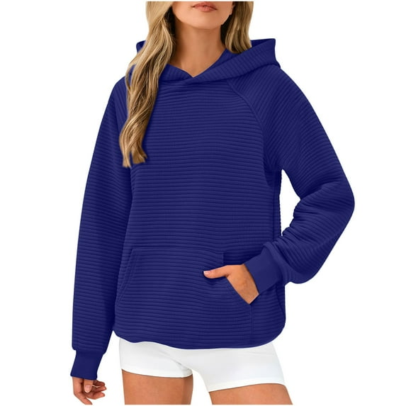 Black and Friday Deals,Waffle Knit Hoodie Loose Casual Sweatshirts for Women Plain Pullover Long Sleeve Fall Winter Tops with Front Pocket (XL, Blue)