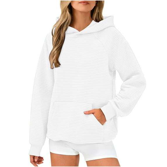 Black and Friday Deals,Waffle Knit Hoodie Loose Casual Sweatshirts for Women Plain Pullover Long Sleeve Fall Winter Tops with Front Pocket (XL, White)