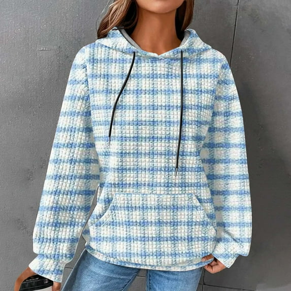 Waffle Knit Hoodie Women Game Day Sweatshirts,Womens 2024 Plaid Print Waffle Weave Hoodie Winter Fall Pocket Long Sleeves Sweatershirt,Women's Waffle Hoodies for Women Plaid
