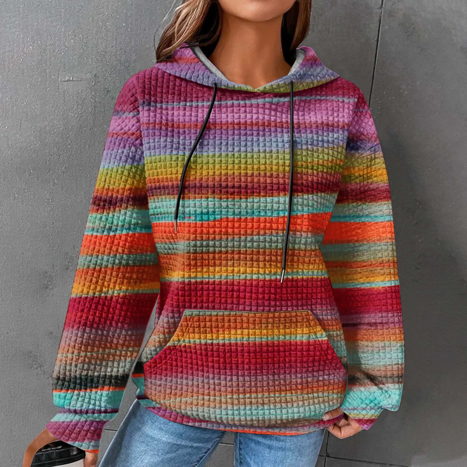 Yihaojia Women's Oversized Waffle Hoodie - Drawstring Pullover Sweatshirt With Pockets