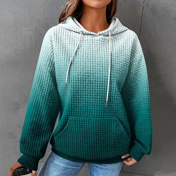 Waffle Knit Hoodie Women,Women Oversized Gradient Hoodies Casual Print Waffle Long Sleeve Pullover Top Hooded Sweatshirt with Pocket