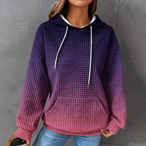 Waffle Knit Hoodie Women,Women Oversized Gradient Hoodies Casual Print Waffle Long Sleeve Pullover Top Hooded Sweatshirt with Pocket