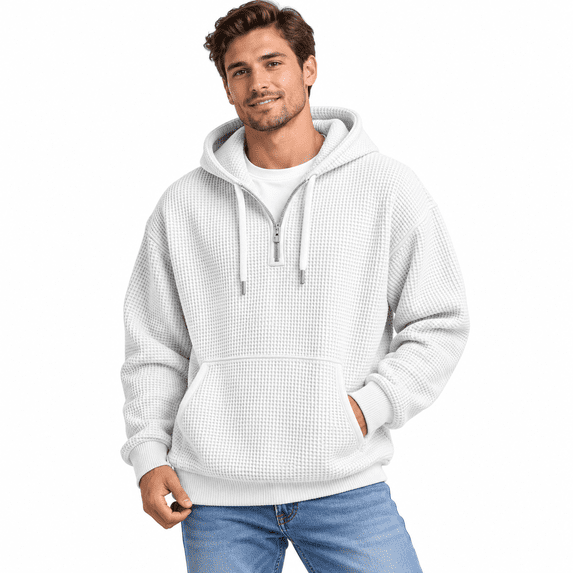 Waffle Knit Hoodie for Men, Drawstring Hooded Quarter Zip Pullover, Casual Loose Fall Winter Fashion Outfits