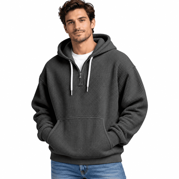 Waffle Knit Hoodie for Men, Drawstring Hooded Quarter Zip Pullover, Casual Loose Fall Winter Fashion Outfits