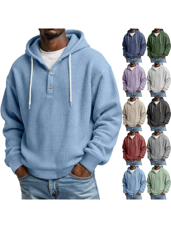 Waffle Knit Hoodies for Men Pullover Quarter Button Casaul Long Sleeve Sweatshirts Men Drawstring Hooded Sweatshirt with Pocket, Casual Fashion Streetwear