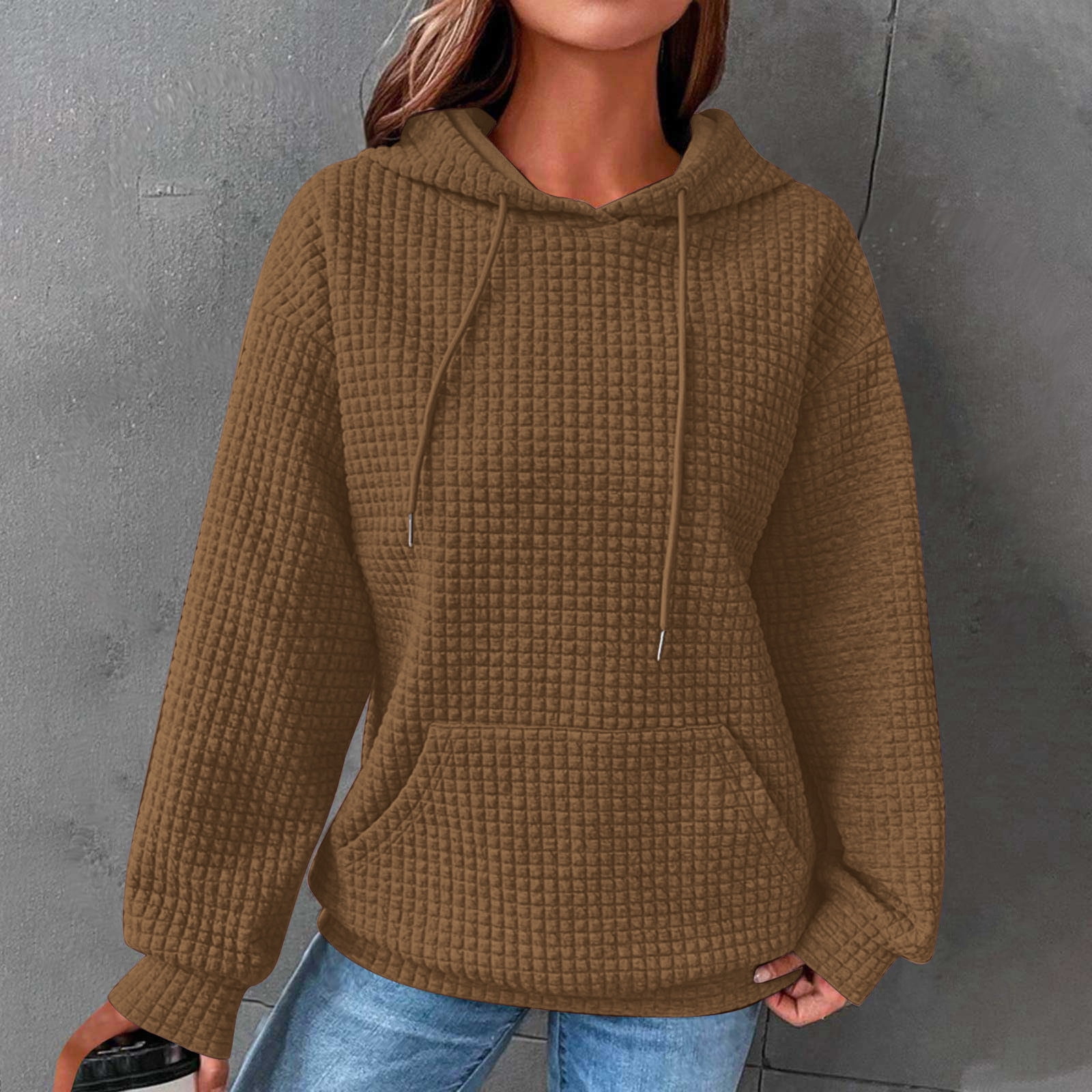 Women's Waffle Knit Hoodie Cardigan, Long Sleeve Drawstring