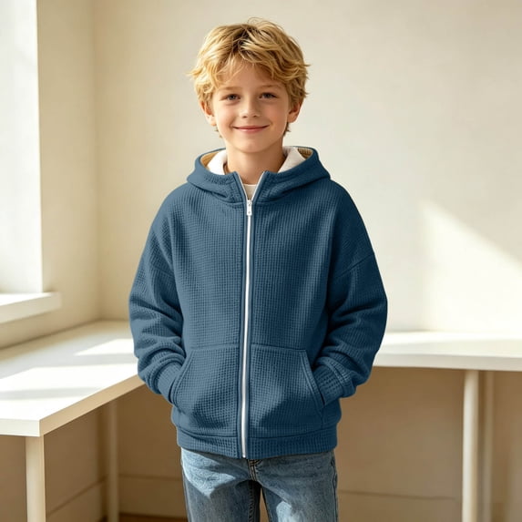 Waffle Knit Hoodies for Kids Zip Up Hooded Jackets with Pockets (Blue)