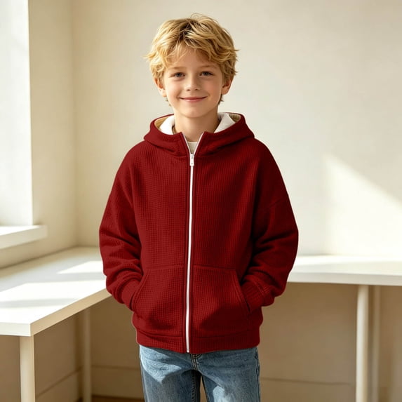 Waffle Knit Hoodies for Kids Zip Up Hooded Jackets with Pockets (Brick Red)