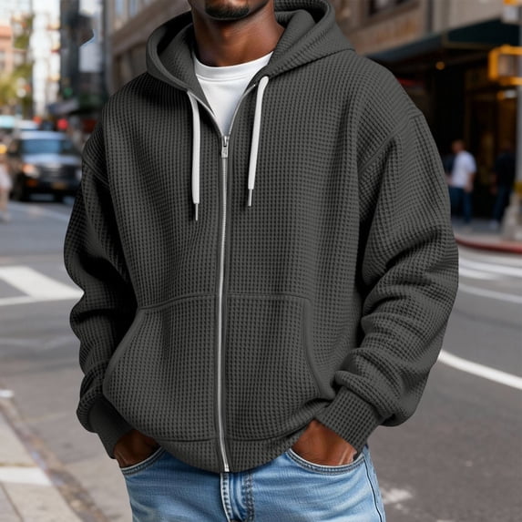 Waffle Knit Hoodies for Men Full Zip Drawstring Hooded Sweatshirts with Pocket Lightweight Loose Fit Athletic Jackets 3XL