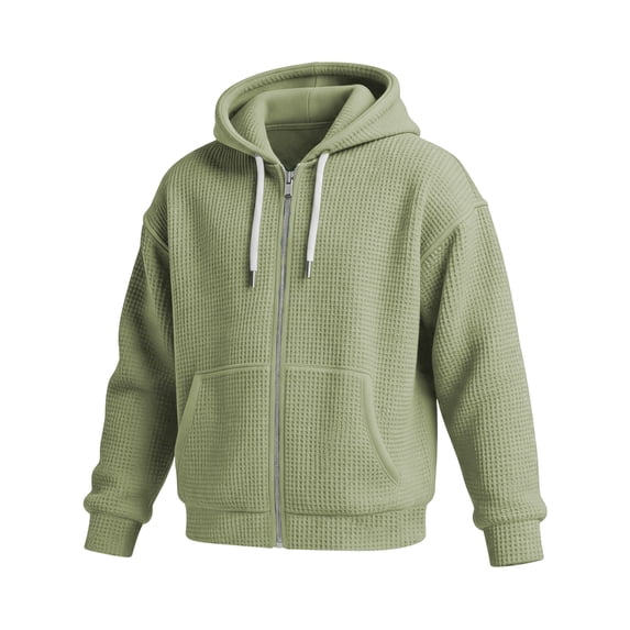 Waffle Knit Hoodies for Men Full Zip Sweatshirt Hooded Cardigan with Pocket Loose Fit Drawstring Athletic Jackets
