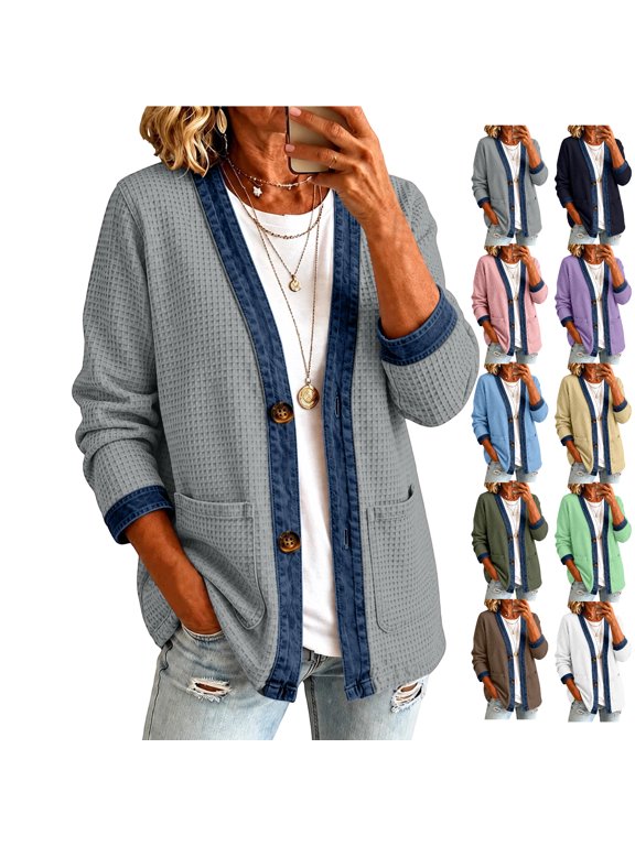 Waffle Knit Jacket for Women Denim Patchwork Button Open Front Long Sleeve Vintage Fashion Cardigan for Women Casual Lightweight Fall Outerwear Gray S
