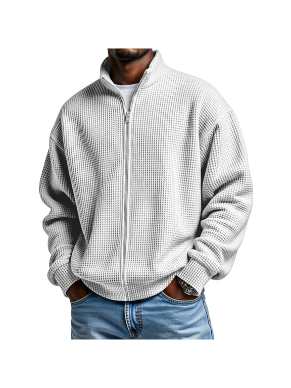 Waffle Knit Jackets for Men Full Zip Up Stand Collar Jacket Autumn Winter Long Sleeve Coats With Pockets Casual Loose Fit Soft Jackets for Daily Wear White L