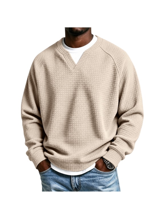 Waffle Knit Long Sleeve Men Shirts Layered V Neck Pullover Sweatshirt Mens Waffle Long Sleeve Shirt Heavyweight Waffle Textured Sweatshirt