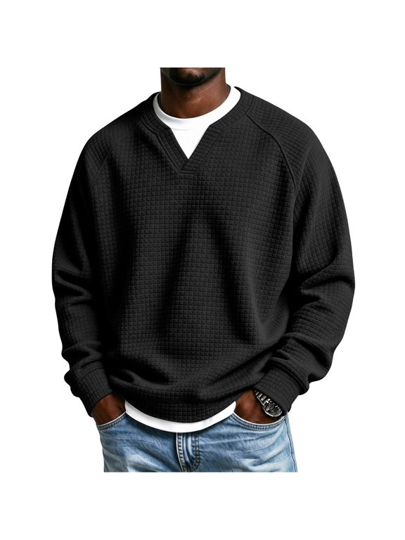 Waffle Knit Long Sleeve Men Shirts Layered V Neck Pullover Sweatshirt Mens Waffle Long Sleeve Shirt Heavyweight Waffle Textured Sweatshirt