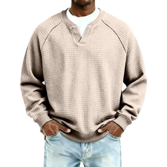 Waffle Knit Long Sleeve Men Shirts Layered V Neck Pullover Sweatshirt Mens Waffle Long Sleeve Shirt Heavyweight Waffle Textured Sweatshirt