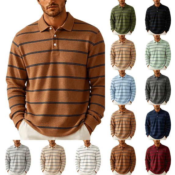 Food For Rugby Waffle Knit Long Sleeve Polo Shirts for Men Collared Henley Button ...