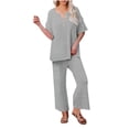 thumbnail image 1 of Waffle Knit Lounge 2 Piece Outfits for Women Summer Fall Casual Button V Neck Top and Wide Leg Flare Pant Sets (M, Gray), 1 of 7