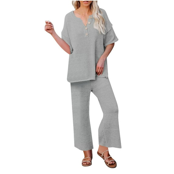 Waffle Knit Lounge 2 Piece Outfits for Women Summer Fall Casual Button V Neck Top and Wide Leg Flare Pant Sets (M, Gray)