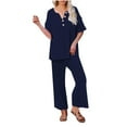 thumbnail image 1 of Waffle Knit Lounge 2 Piece Outfits for Women Summer Fall Casual Button V Neck Top and Wide Leg Flare Pant Sets (S, Dark Blue), 1 of 7